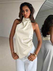 Aloruh Top halter de unicolor, elegante, para ir al trabajo o de vacaciones, con espalda descubierta y sexy - Beis - Ver 4