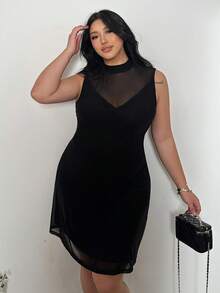 Firerie Plus Size Comfortable Casual Elegant Vacation Party Sexy Mesh Sheer Stand Collar Sleeveless Bodycon Mini Dress For Women, Spring/Summer Wedding Dress For Women Black Dress Plus - Black - View 3