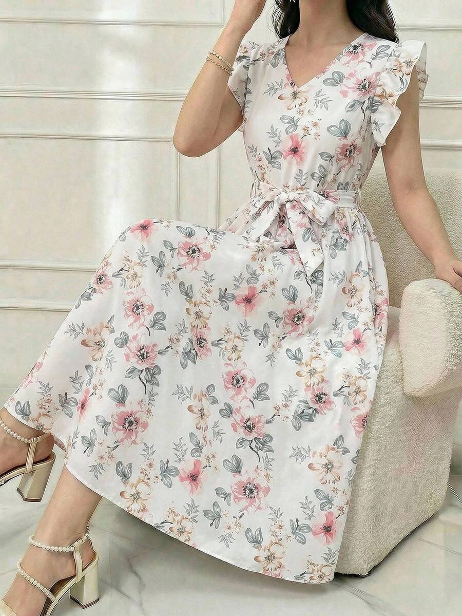 Đầm ngắn xòe dáng ôm eo, in hoa, cổ bẻ, tay ngắn, thanh lịch, thích hợp cho kỳ nghỉ hè của các cô gái tuổi teen. - Nhiều màu - Xem 1