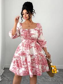 Elenzga Vestido midi con cuello con volantes y cintura con lazo para mujer de talla grande, adecuado para uso casual, vacaciones, trabajo y citas, primavera/verano - Multicolor - Ver 1