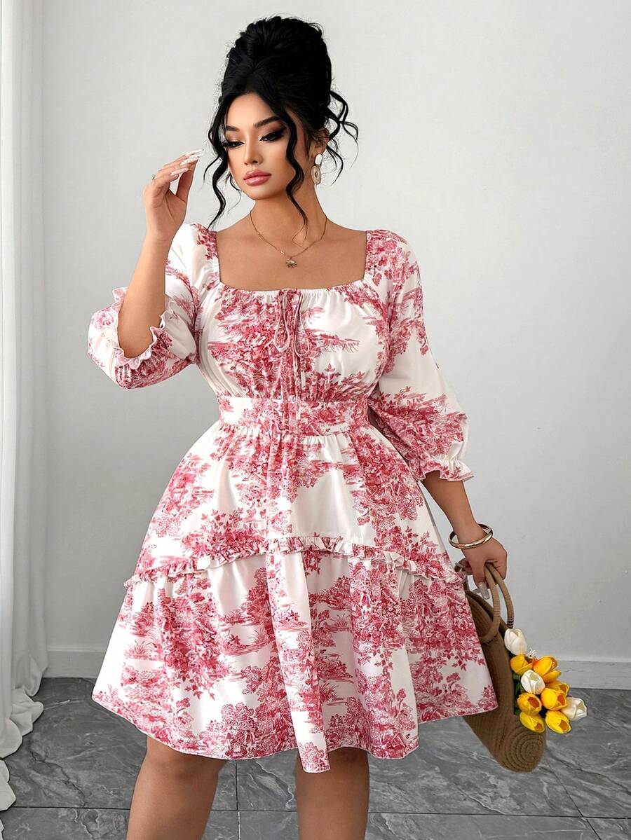 Elenzga Vestido midi con cuello con volantes y cintura con lazo para mujer de talla grande, adecuado para uso casual, vacaciones, trabajo y citas, primavera/verano - Multicolor - Ver 1