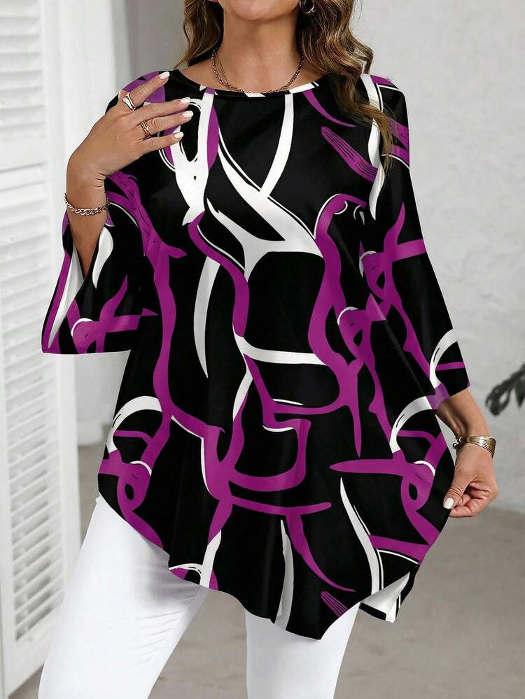 Plus Size Women's Casual Vacation Style Colorblock All-Over Print Flare Sleeve Split Hem Loose Blouse, Spring/Summer/Autumn