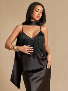Silquee Party Ready Black Plain Cami Top Women Woven Fabric Regular Length Fringe Detailed Spaghetti Strap - Black - View 5