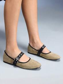 CUCCOO GRLICON Zapatos planos de moda casual para mujer con diseño de hebilla con remaches - Caqui - Ver 5