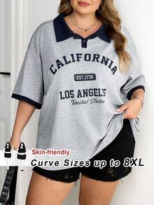 SHEIN CURVE+ 大码休闲街头风撞色半拉链领 Polo 衫，宽松短袖 T 恤，适合春季返校季 - 灰色 - 查看 3