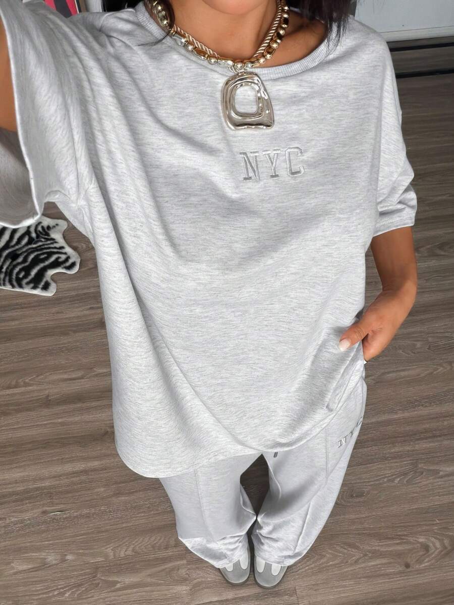 Muchica 女士夏季新款字母刺绣宽松短袖T恤和裤子套装 - 灰色 - 查看 1