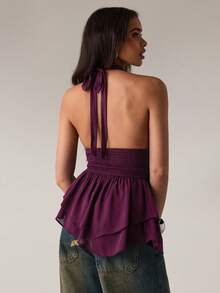 SHEIN BAE 女士茄紫色褶皱露背吊带背心，适合春夏度假、派对、夜店、海滩等场合，性感百搭，褶皱设计 - 中紫紅色 - 查看 2