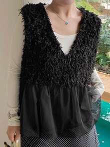 Dazy Plus Plus Size Women Casual Solid V-Neck Patchwork Faux Fur Collar Sleeveless Camisole Tank Top - Black - View 4