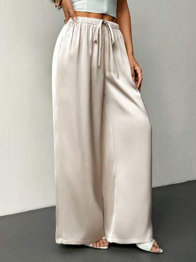 SHEIN PETITE Women's Low-Waist Casual Retro Satin Versatile Brown Maillard Color Long Skirt