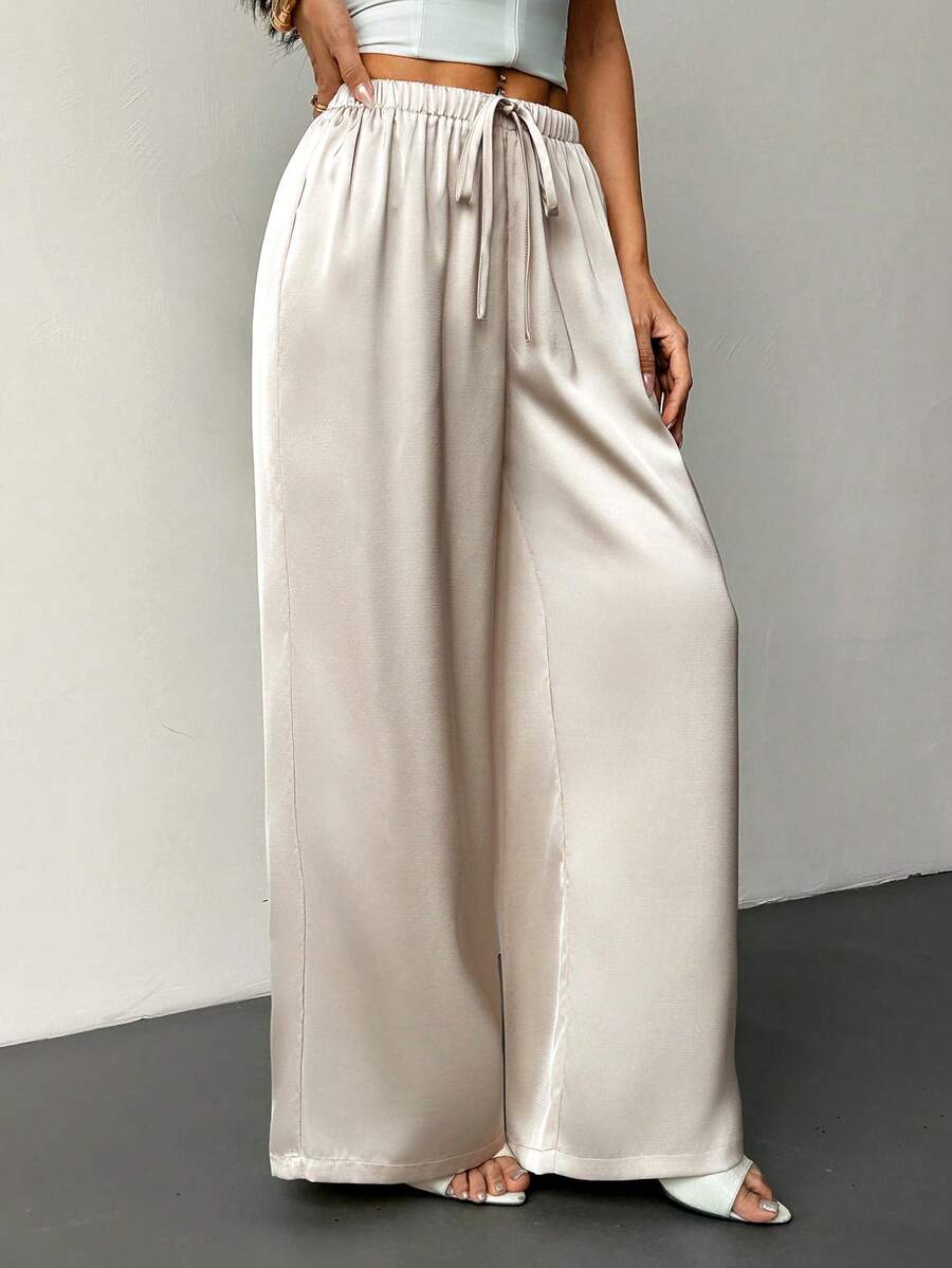 SHEIN PETITE 女士低腰休闲复古缎面百搭棕色美拉德色长裙 - 杏色 - 查看 1