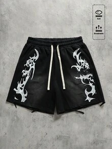 ROMWE MEN 男士街头风印花抽绳腰短裤 - 黑色 - 查看 3