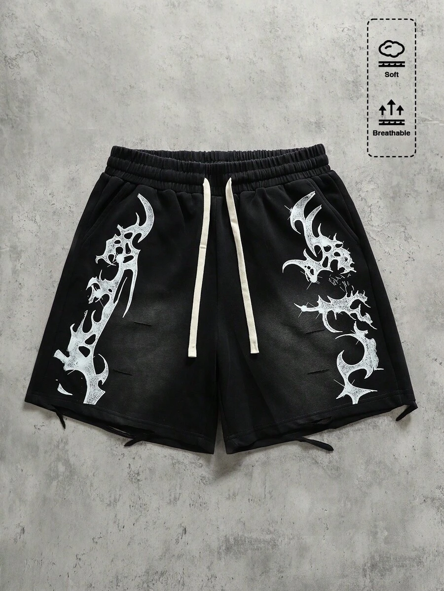 ROMWE MEN 男士街头风印花抽绳腰短裤 - 黑色 - 查看 1
