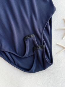 Comfortcana Plus Size Women Knitted Contrast Trim Short Sleeve Bodysuit - Blue - View 5