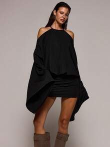 MUSERA High Neck Batwing Fitted Mini Dress Spring Summer Sexy Date Night Club Festival Holiday Night Out Vacation Soul Ties - Black - View 1