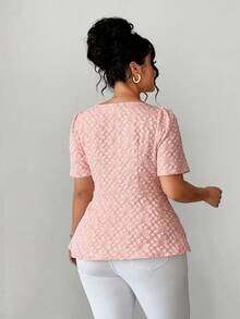 Elenzga Plus Size Women's Spring/Summer French Romantic Sicily Elegant Casual Commute Vacation Afternoon Tea Valentine's Day Party Solid Pink Jacquard Fabric Square Collar Frill Trim Open Front Pearl Button Decor Waist Flare Short Sleeve Blouse Cute Blouses For Women Women Tops Elegant Blouses Square Neck Blouse - Baby Pink - View 2