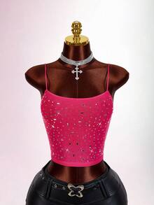 Amplova 2026 New Rhinestone Embellished Low-Cut Basic Top - Pink - View 4