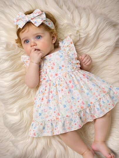 SHEIN 2件套新生女宝宝韩版甜美公主风碎花荷叶边蝴蝶结连衣裙及发带套装，针织碎花面料，柔软亲肤，无袖高腰A字裙摆，适合0-9个月宝宝，可用于洗礼、生日派对、婚礼、摄影、春夏等场合。