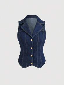 Sweetra Women's Fashionable Casual Denim Vest, Slim Fit - Dark Wash - View 1