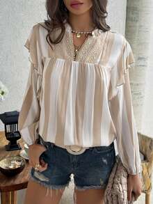 SHEIN Holidaya Women's Khaki Striped Notched-Neck Loose Shirt,Blue And White Stripe,Autumn,Boho,Vacation,Holiday,Ruffled Long Sleeve Lace Trim Peasant Blouse Tops - Khaki - View 10