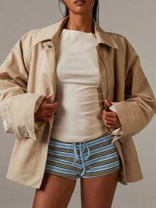 Athîral Quần short bó sát kẻ sọc bằng vải jersey dành cho nữ - Màu xanh lam - Xem 3