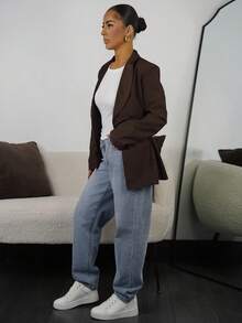 SAYEHFBABY Blazer Wanita Satin Patchwork dengan Tali Pengikat, Jaket Kasual Elegan - Burgundy - View 4