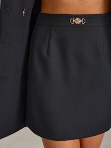 EURMUSE Women's Black Long Blazer And Skirt Suit Set - Black - View 4