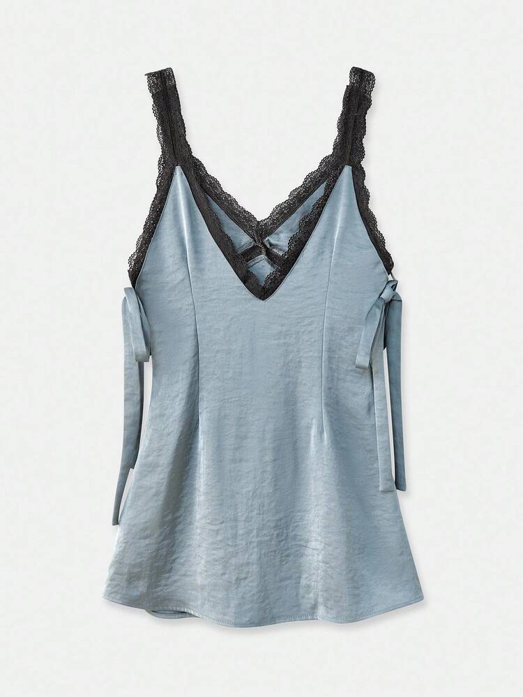 Silky Mini Slip Dress With Lace Trim And Side Tie Details Fall Women Clothes Autumn Winter