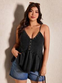 Elaquor Camiseta de tirantes con escote en V, volantes y tachuelas para mujer de talla grande, versátil y elegante para una cita nocturna - Negro - Ver 8
