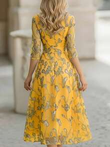 EMERY ROSE Golden Yellow Summer Elegant Holiday Wedding Guest Leaf Pattern Long Formal Dress,Van Gogh Modest Yellow Floral Wrap Tea Dress Brunch Outfits Women - Multicolor - View 2