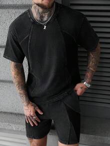 SLATEMANN Men's Solid Color Round Neck Short Sleeve Casual Minimalist Summer Versatile T-Shirt Set Mens Tee Shirts - Black - View 6