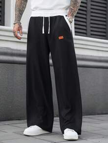 Manfinity Homme 男士休闲撞色抽绳口袋运动裤，男士复古风，日常休闲、周末旅行、户外活动、探险旅行、轻松的工作环境或半正式场合，男友/老公礼物，周年纪念/生日礼物，派对、夏季假期、婚礼、春夏、复活节，男士黑色华夫格针织休闲裤，白色抽绳和口袋，休闲宽松版型，日常穿着，男士抽绳运动裤，男士运动裤，抽绳运动裤，黑色运动裤，休闲裤 - 彩色 - 查看 6