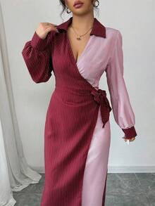 Modelyn 女士优雅收腰条纹连衣裙，春夏款 - 紅色 - 查看 4