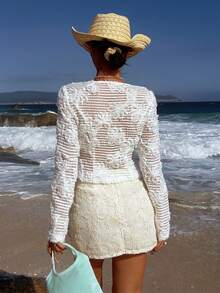 SHEIN Glamour 优雅波西米亚风钩针提花V领修身长袖镂空透视极简主义女式外套，适合度假、约会、户外活动穿着。 - 白色 - 查看 4