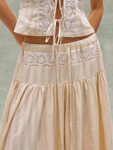 Bohemela Women's Summer Casual Romantic French Style Beachwear Bohemian Country Music Festival Jacquard Woven Patchwork Embroidered A-Line Elastic Waist Loose Long Skirt, A Relaxed And Free-Spirited Style, Fashionable Women's Clothing, Beachwear, Summer Vacation Wear. - Apricot - View 6