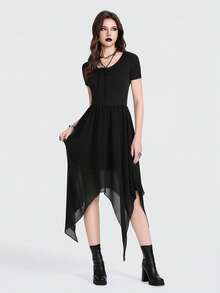 Breakform Vestido de mujer de cuello redondo y manga corta estilo gótico, vestido negro, vestido de cuello redondo con lazo, vestido de tela de punto y gasa con parches, vestido de bajo asimétrico - Negro - Ver 4