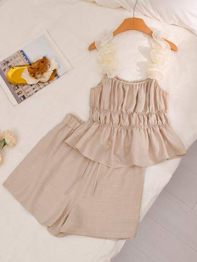 CosyJoli Plus Size Women's Casual Outfit, Camisole Top With Lace Trim And Shorts Set, Women's Summer 2-Piece Set, Date Night Outfits, Casual Women's Suit