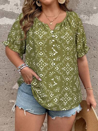 Ceyna Plus Size Women's French Style Casual Elegant Floral V-Neck Short Sleeve Blouse Women Blouses Summer V Neck Blouses For Women Green Summer Top Boho Shirts Women Summer Casual Tops