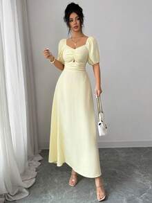 Modelyn Đầm xòe xếp ly màu vàng thanh lịch dành cho nữ, thích hợp cho kỳ nghỉ và hẹn hò, mùa xuân/hè. - Vàng nhạt - Xem 7