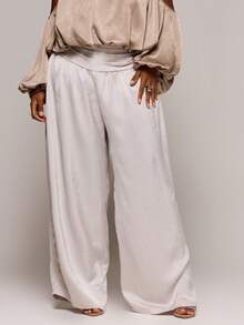 MUSERA Plus Size Hammered Satin Panel Waist Drape Wide Leg Trousers Spring Summer Elegant Vacation Holiday Evening Spring Soul Ties - Khaki - View 2