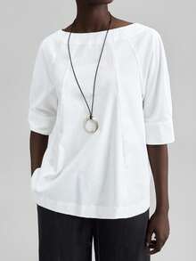 Ontre 2026SS New Women's Blouse, Back To School, Countryside Style, Office Casual Wear, Date, Airport, Party, Summer Solid Color Short Sleeve Casual Blouse, Woven Fabric, Suitable For Valentine's Day, Wedding Season, Wedding Guest Attire, Holiday, Romantic Valentine's Day, Designed, Loose Fit, Spring/Summer, Beach Wear, Fashion Versatile Women's Blouse, Graduation Ceremony - White - View 6