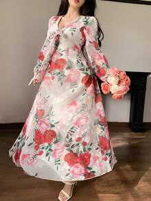 DAZY Women's Floral Print Front Knot Lantern Sleeve Elegant Dress - Beige - View 6