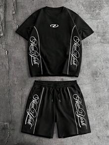 AXEPEAK Men's Casual Letter Print T-Shirt And Shorts Set, Summer - Black - View 2
