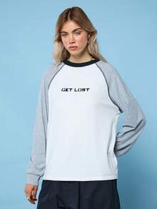COUREZ Long Sleeve Raglan T-Shirt With Front Slogan /Y2K Spring For Women Cute Casual Going Out Top For Women Slogan Top Back To School Summer - White - View 2