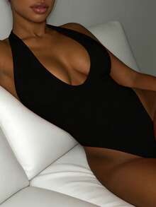 INAWLY Bộ đồ liền thân hở lưng màu đen cổ chữ V sâu cho nữ, kỳ nghỉ thường ngày - màu đen - Xem 4