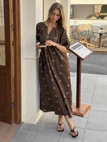 Livesso Women's Minimalist Printed V-Neck Short Sleeve Dress - Brown - View 6