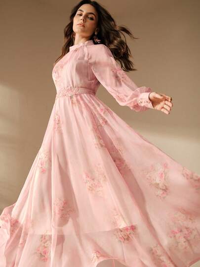 Anewsta Vestido largo de mujer con elegante estampado floral digital, adecuado para fiestas de cumpleaños retro francesas, vacaciones, Día de San Valentín, Día de la Mujer, Día de la Madre