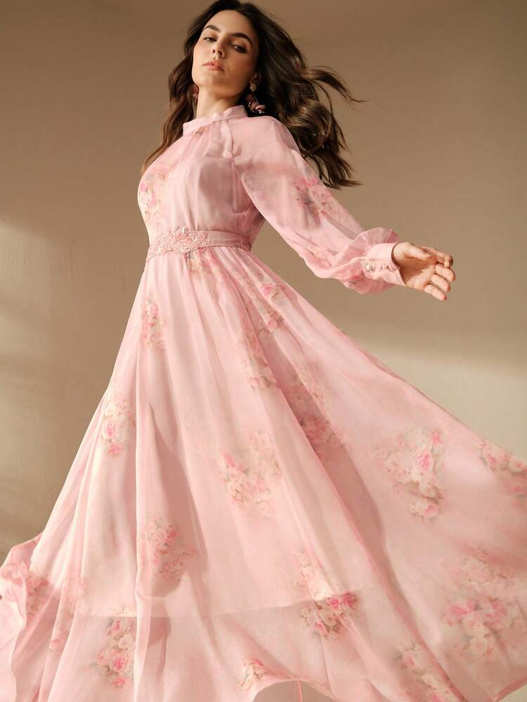 Women's Elegant Floral Digital Print Flowing Maxi Dress, Suitable For French Retro Birthday Party, Vacation, Valentine's Day, Women's Day, Mother's Day Pink Floral Women Dress Elegant Pink Dress Rose Dress