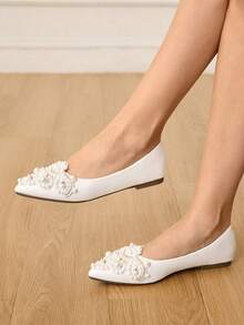 CUCCOO HITCHD 女士25春夏新款3D珍珠尖头浪漫优雅鞋，白色新娘婚鞋 - 白色 - 查看 2