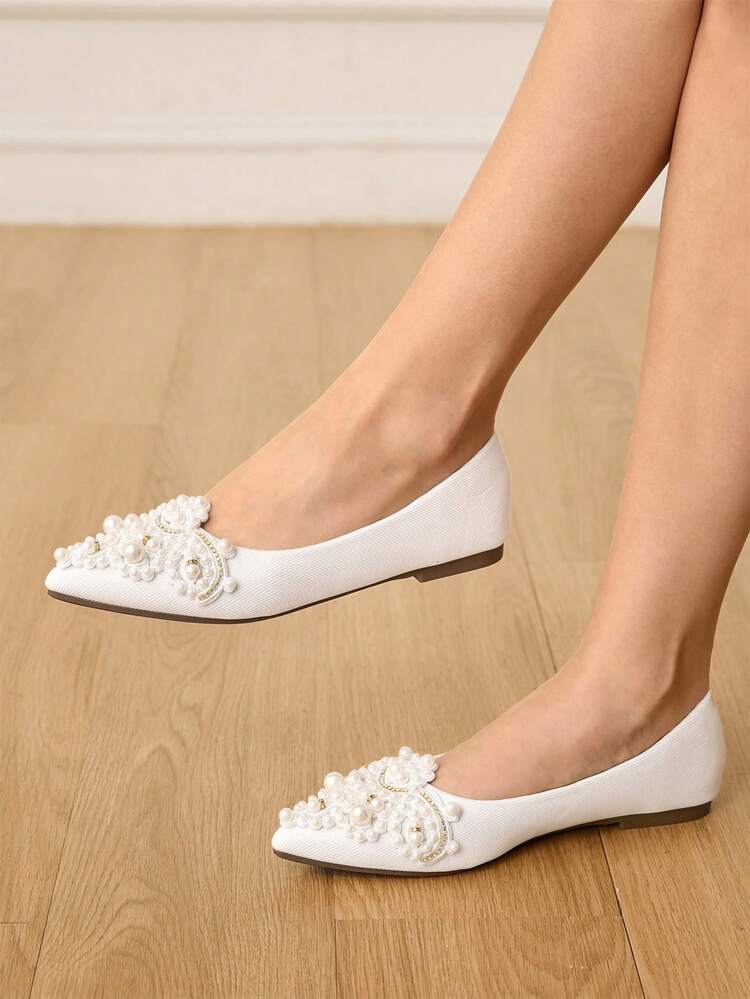 CUCCOO HITCHD Women's 25 Summer/Summer New Arrival 3D Faux Pearl Pointed Toe Romantic Elegant Shoes, White Bridal Wedding Shoes Elegant Shoes Wedding Shoes Summer Shoes Bride Shoes