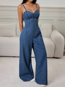 SHEIN PETITE Solid Color Casual Versatile Sleeveless Denim Jumpsuit, Spring/Summer - Medium Wash - View 3